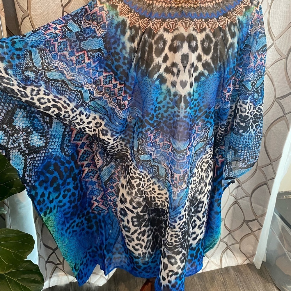 NWT True Colours by La Moda Blue Cat Maxi Swim Cover Up Caftan Dress One SZ - Picture 7 of 10